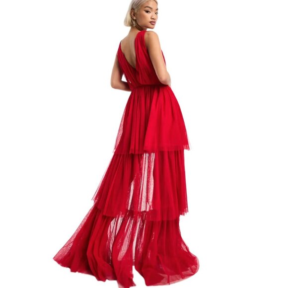 Lace & Beads ASOS Ella Tulle Maxi Prom Dress in Bright Ruby Red Women's Size 14 - Picture 2 of 7